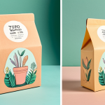 **Pastel-toned, eco-friendly paper packaging with cute illustrations for zero-waste product, resembling an interior design item.**