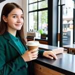 A young professional woman, fully clothed in a modest, smart casual outfit, holds a reusable coffee cup and a neatly folded reusable shopping bag. She stands at a bright, modern cafe counter. The cafe is clean and minimalist, with natural light streaming in. Perfect anatomy, correct proportions, natural pose, well-formed hands, proper finger count, natural body proportions, professional photography, high quality, safe for work, appropriate content, fully clothed, modest, family-friendly.