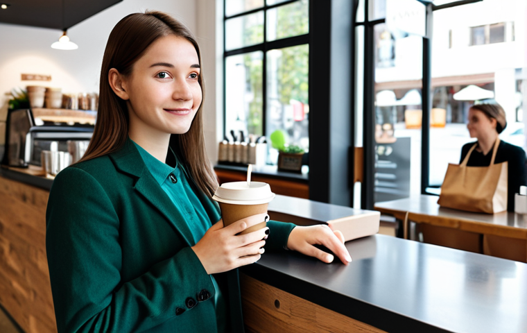 A young professional woman, fully clothed in a modest, smart casual outfit, holds a reusable coffee cup and a neatly folded reusable shopping bag. She stands at a bright, modern cafe counter. The cafe is clean and minimalist, with natural light streaming in. Perfect anatomy, correct proportions, natural pose, well-formed hands, proper finger count, natural body proportions, professional photography, high quality, safe for work, appropriate content, fully clothed, modest, family-friendly.